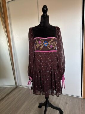 Free People Through the Meadow Bohemian Floral Brown Embroidered Mini Dress XL